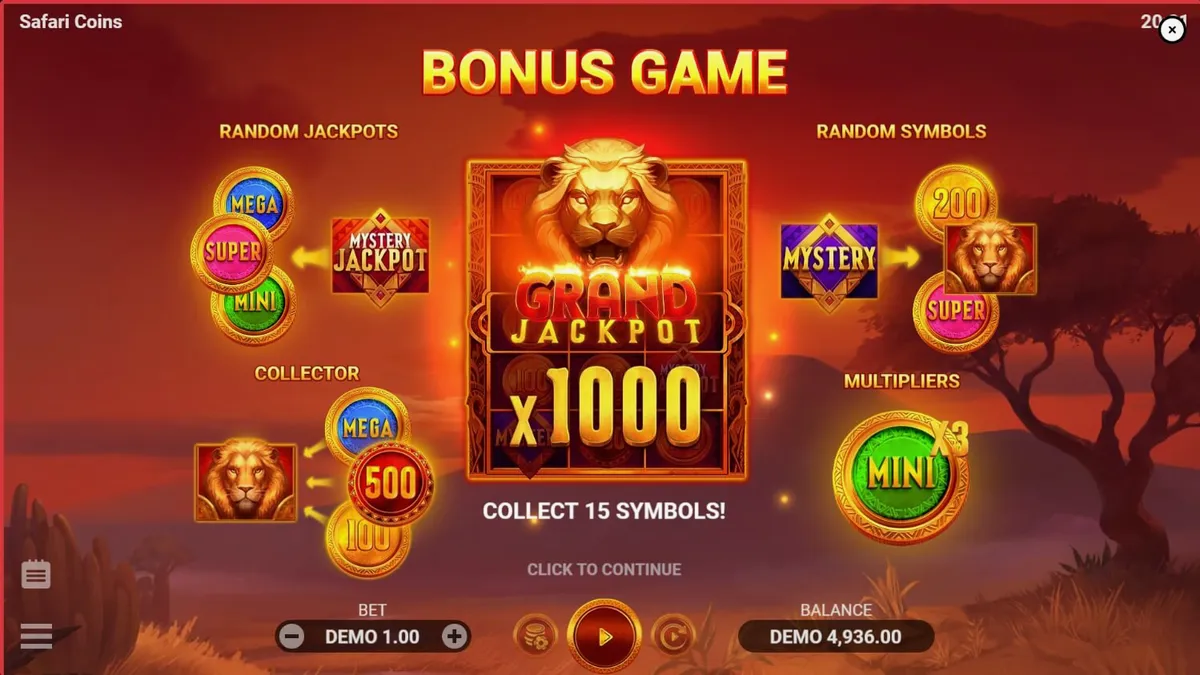 Pemandangan sabana Afrika dalam slot Safari Coins